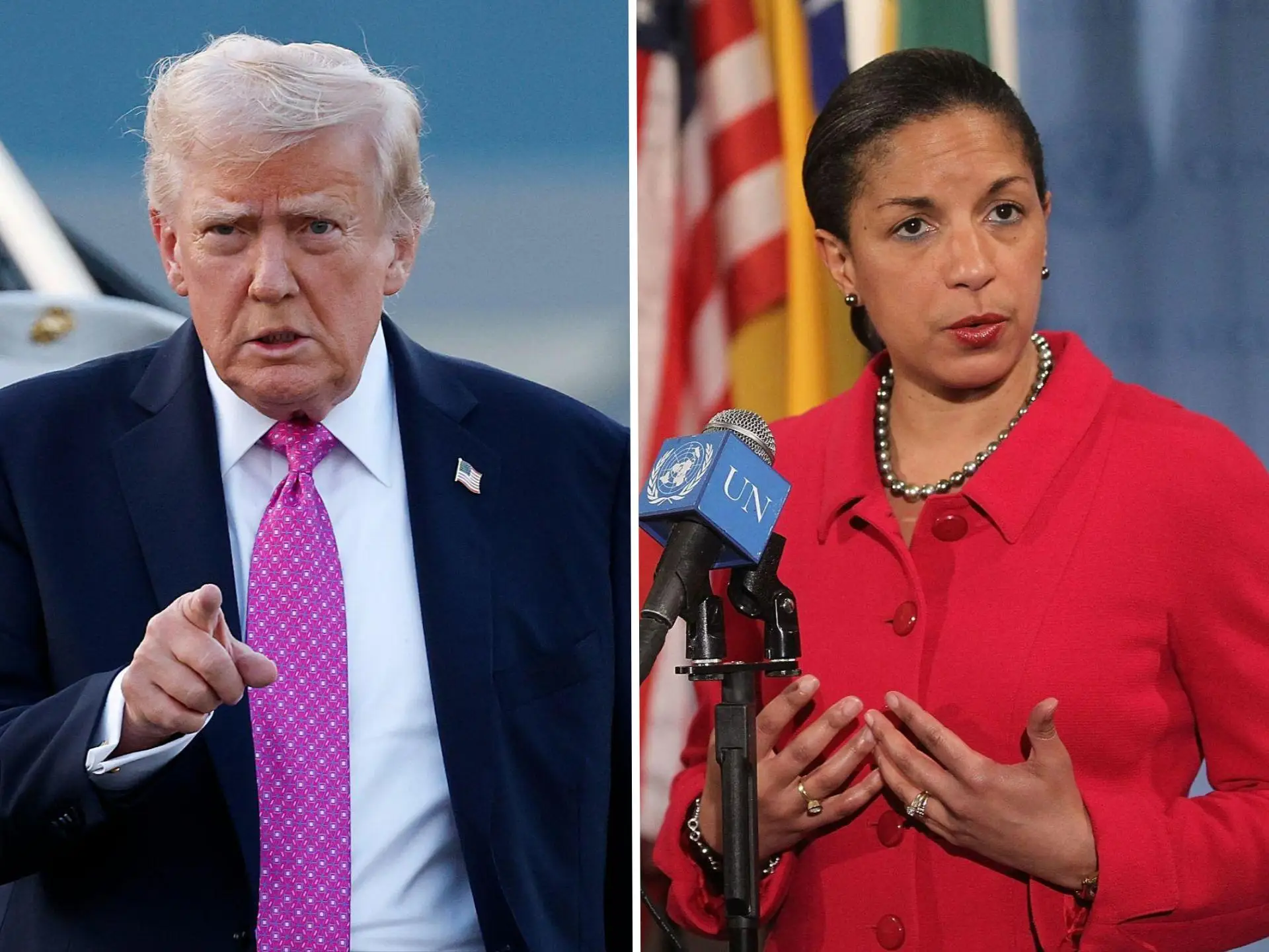 Donald Trump (left) and Susan Rice (right) in a composite image.