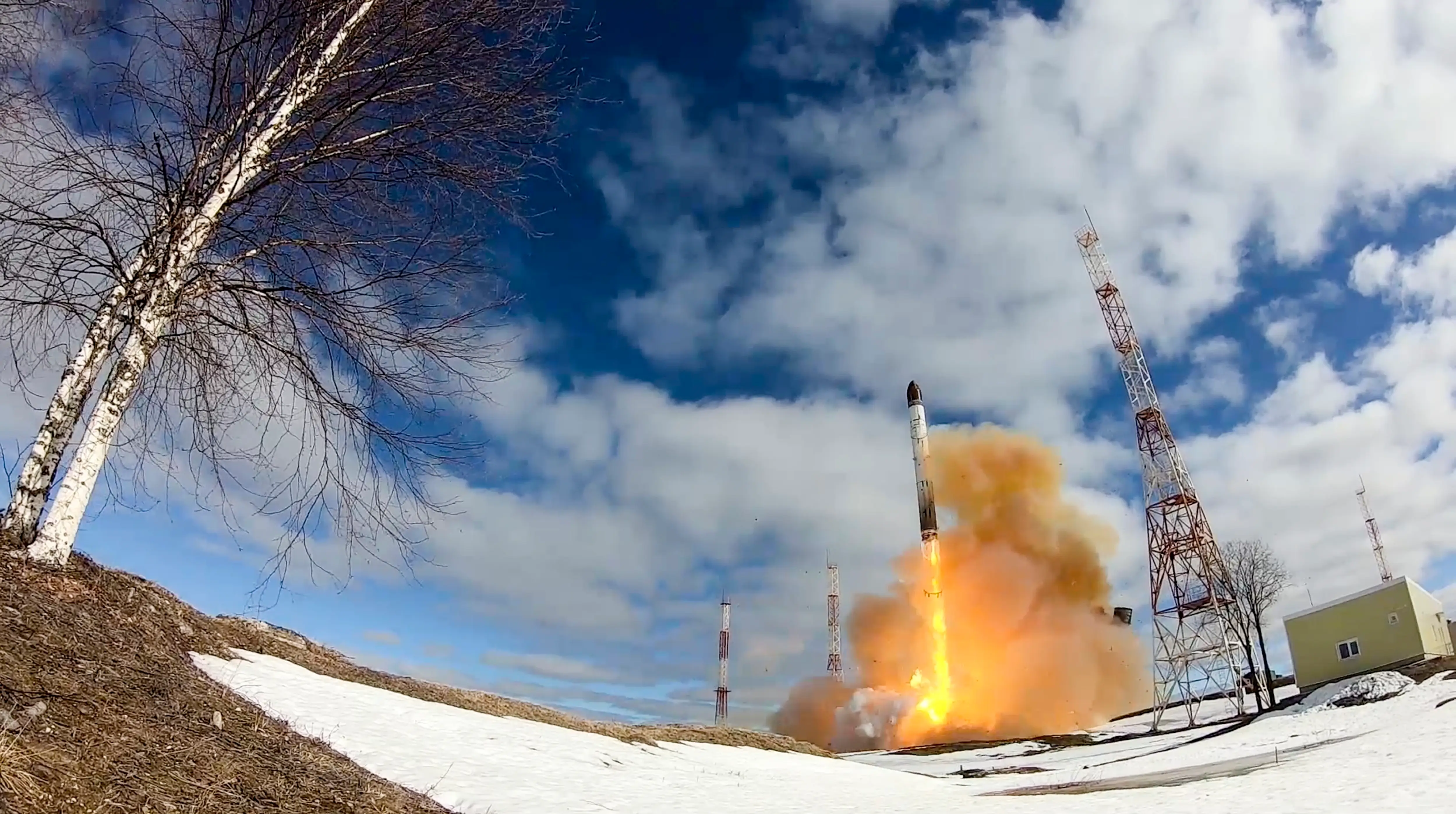 In this photo released by the Russian Defense Ministry Press Service on April 20, 2022, a Sarmat intercontinental ballistic missile is launched from Plesetsk in northwestern Russia.