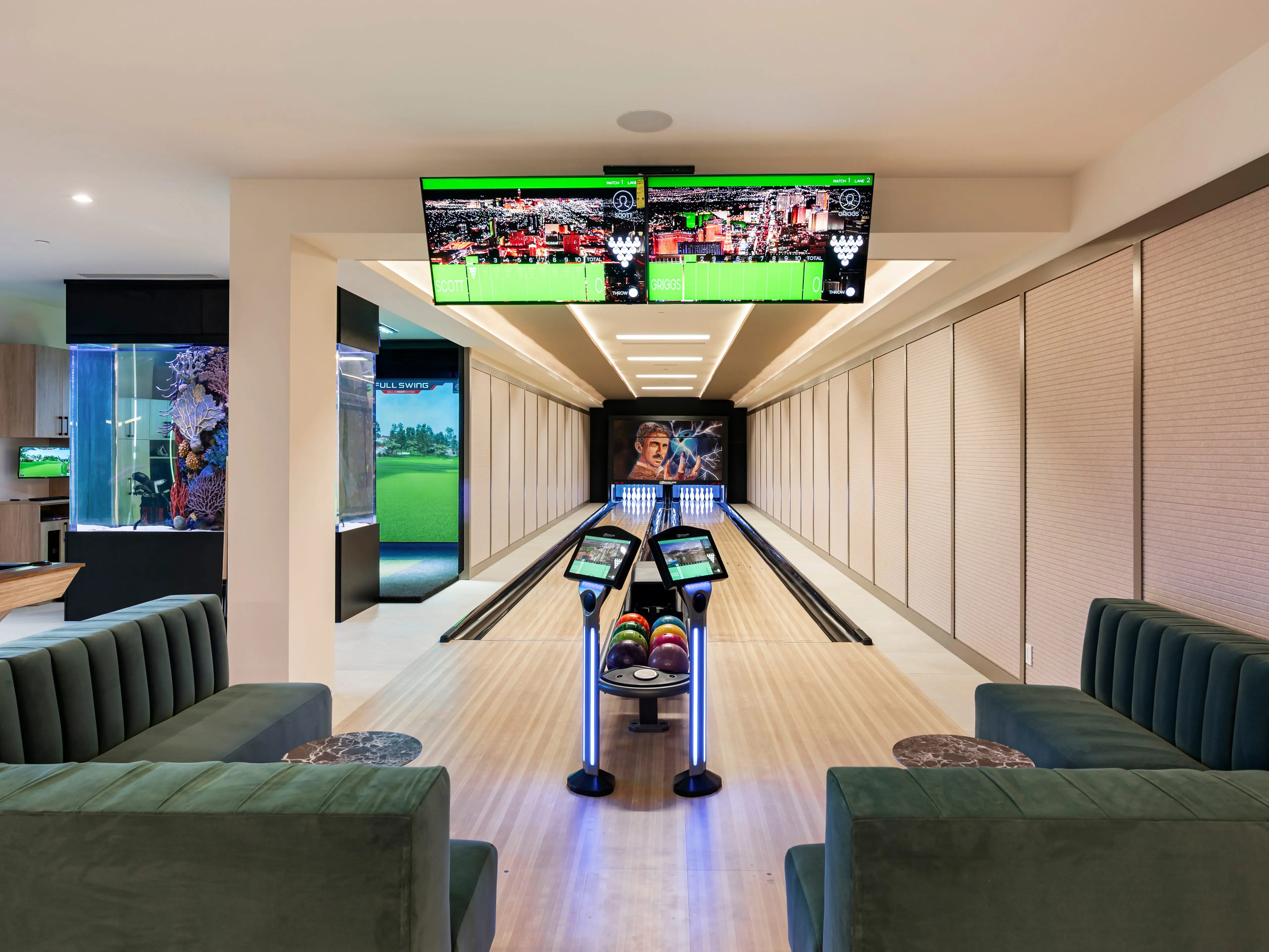 A two-lane bowling alley.