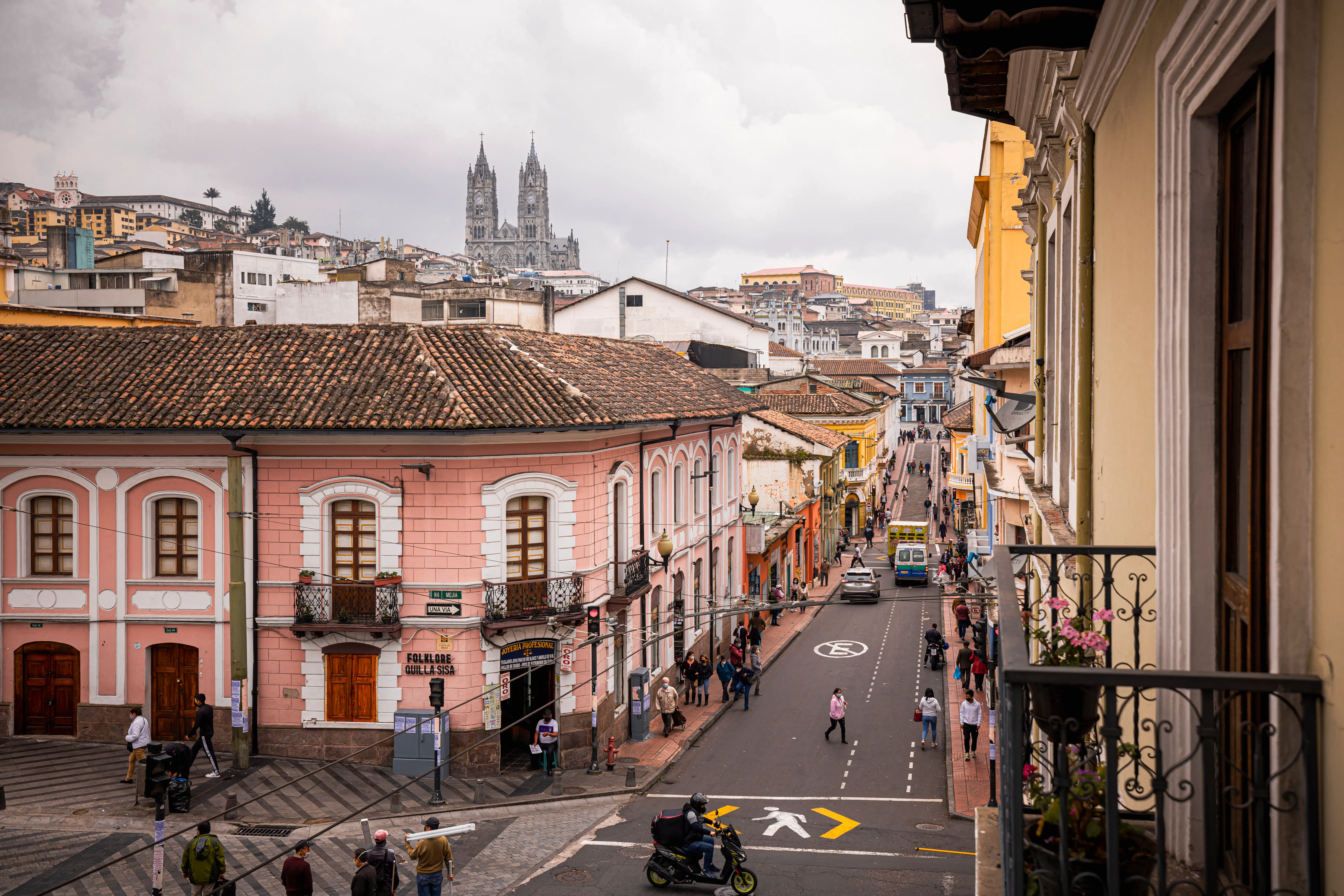 Colorful buildings in Quito's historic center.