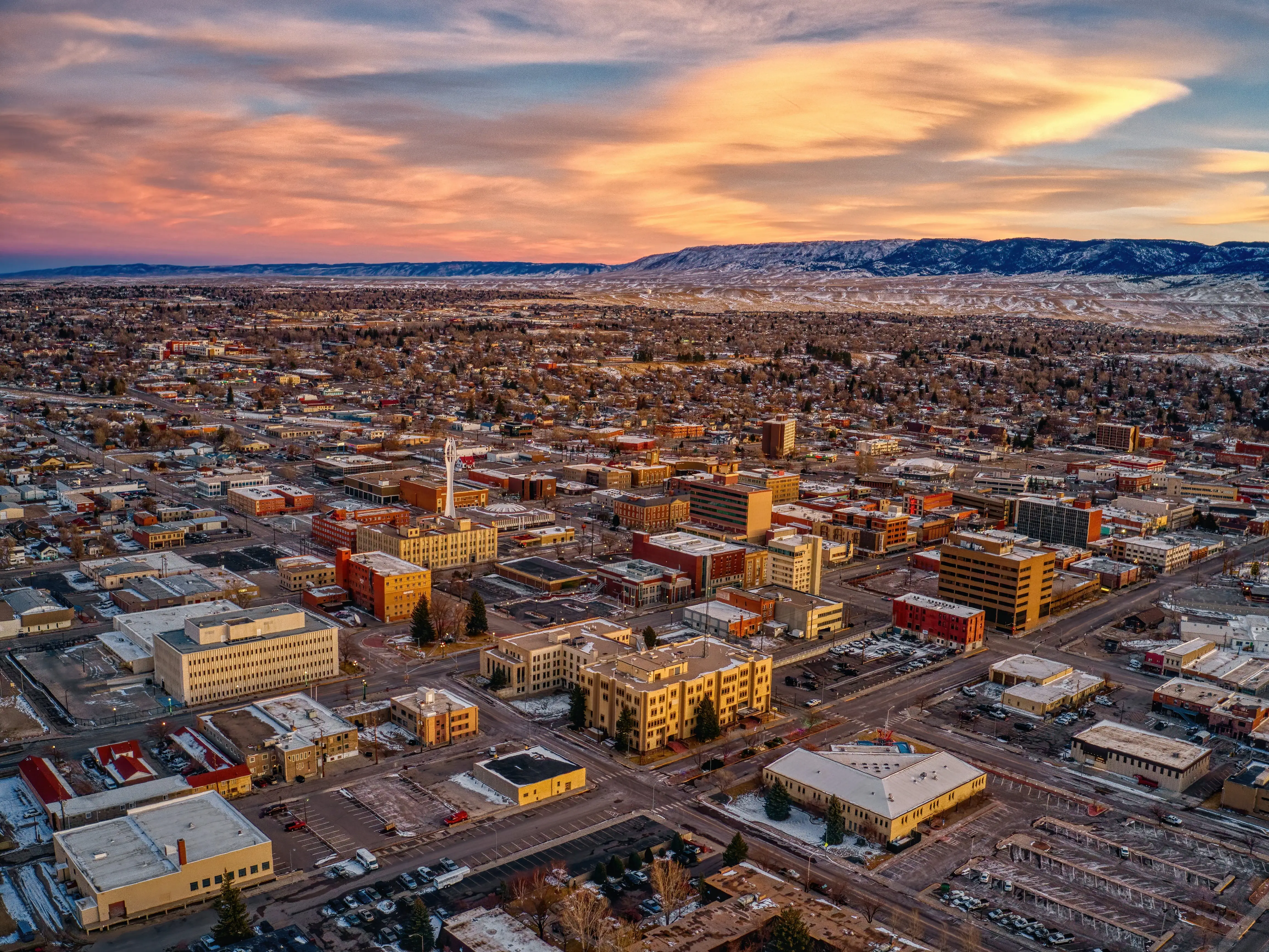 Aerial View of Downtown Casper, Wyoming at Dusk on Christmas Day
