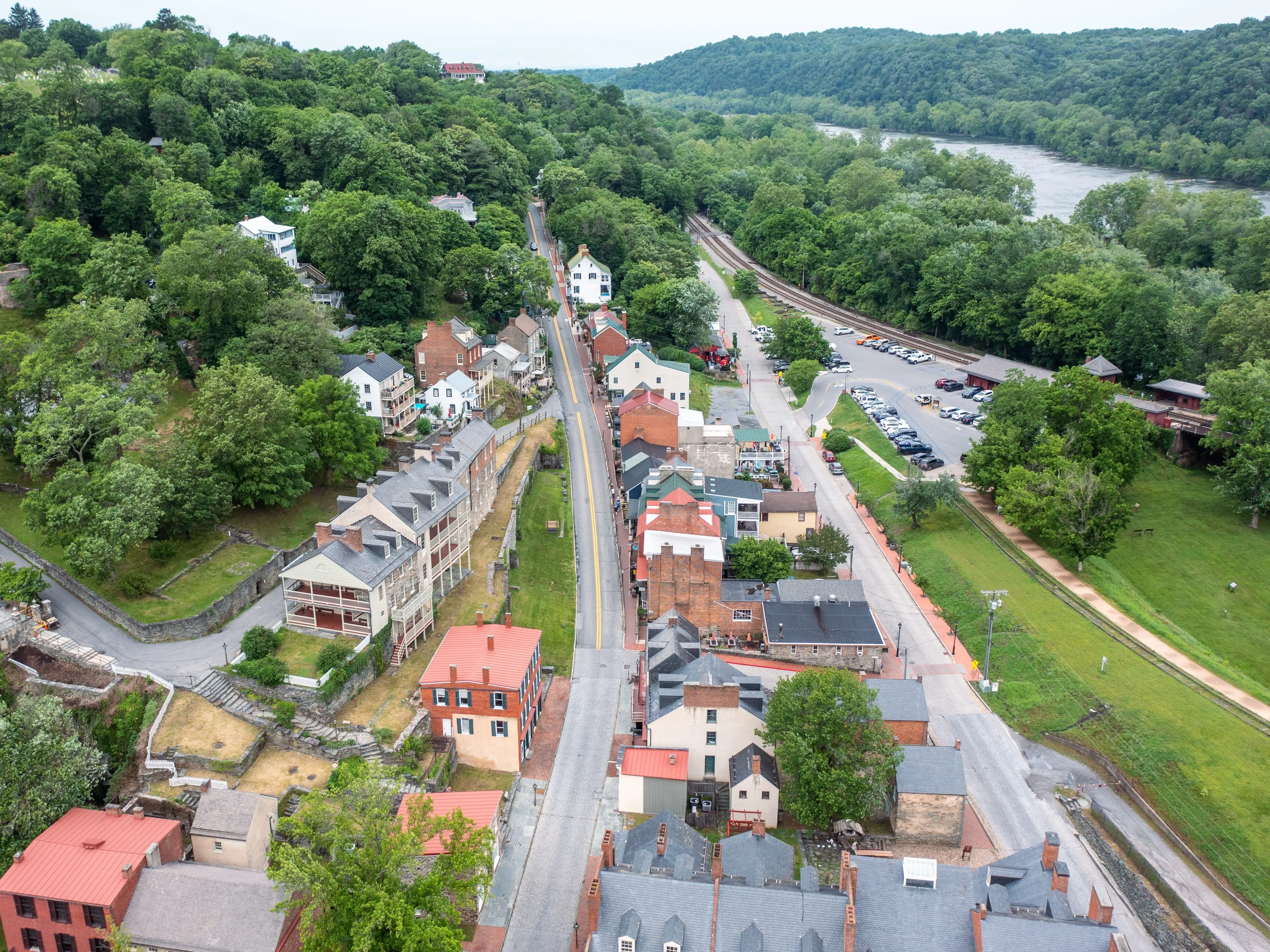 Aerial View of the Main Street With Shops in Harpers Ferry West Virginia