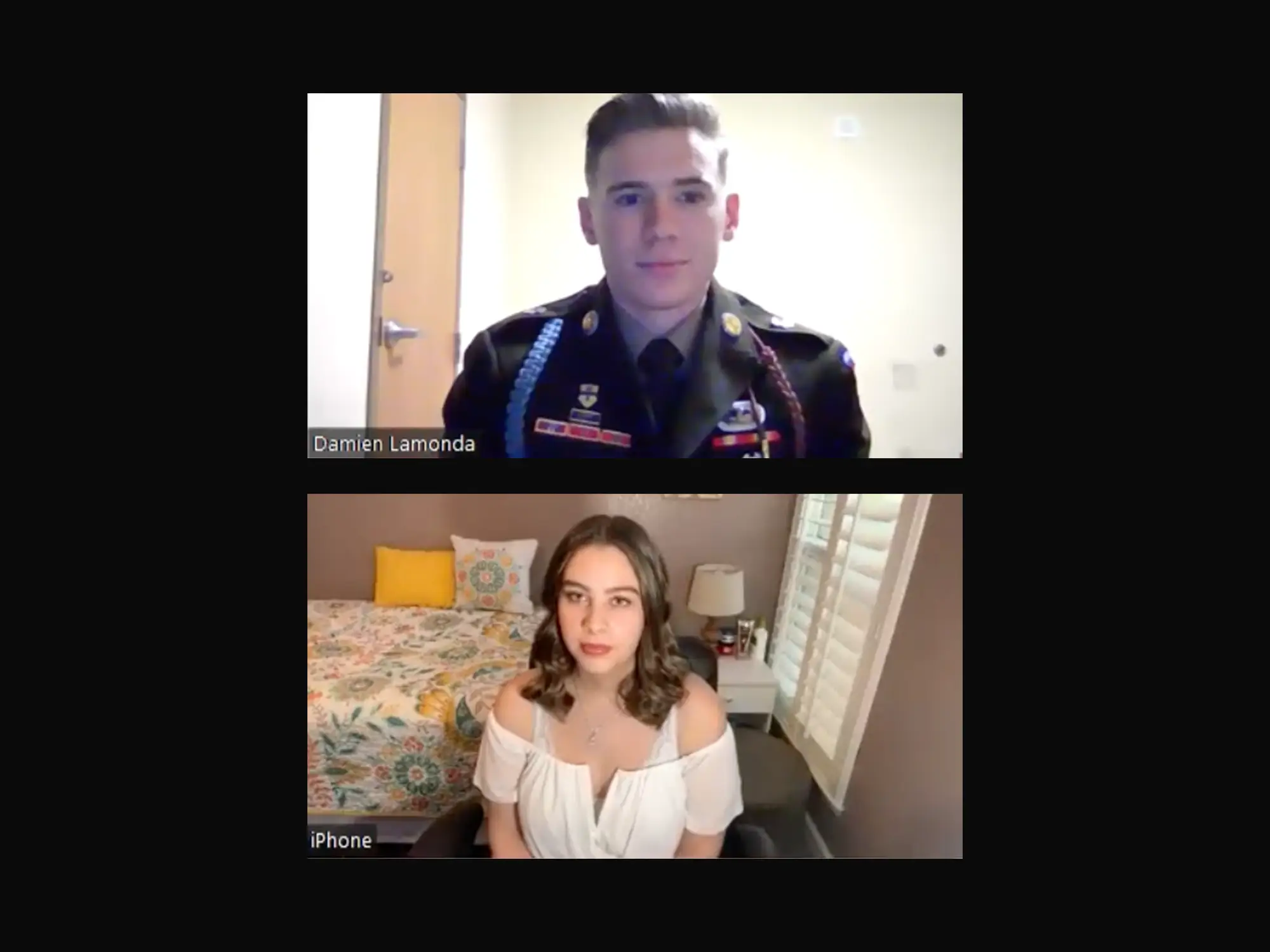 A soldier and a woman in a white top on a video call