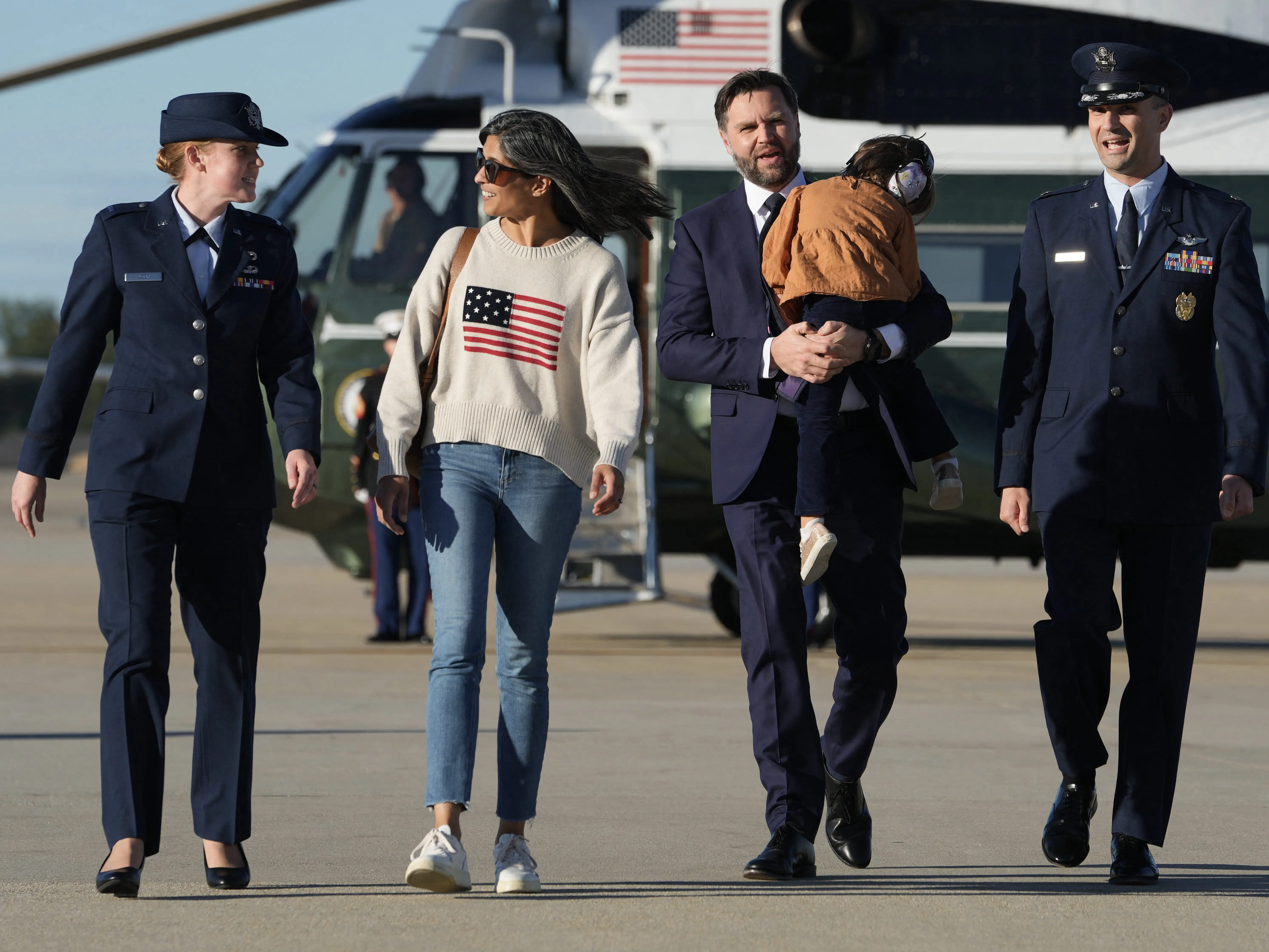 Usha Vance and JD Vance at Joint Base Andrews in October 2025.