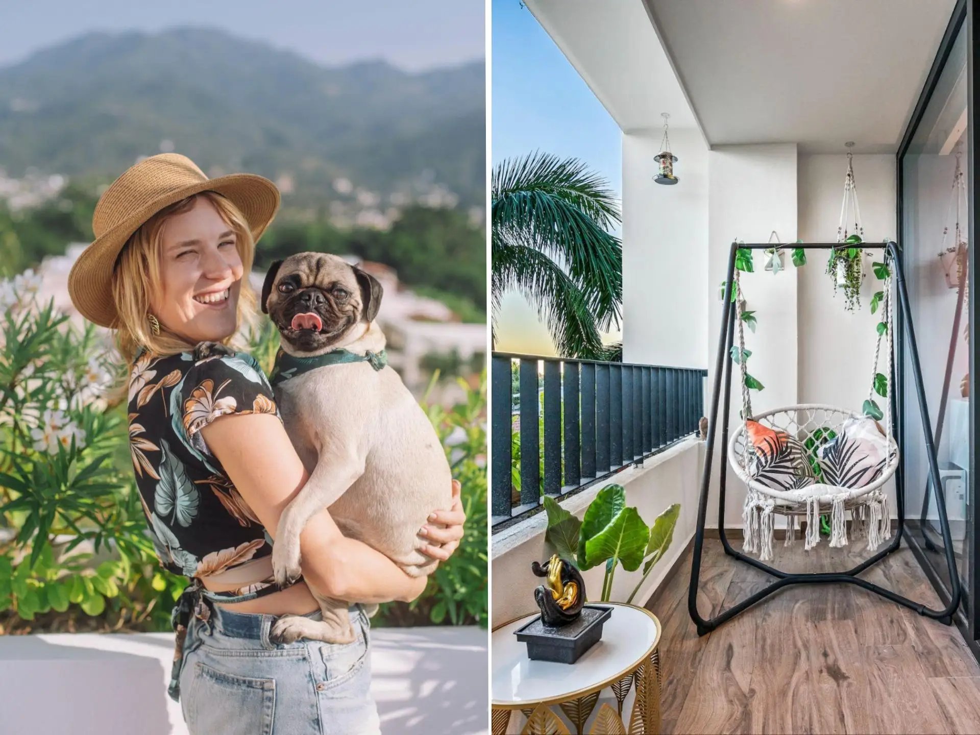 A woman holding a dog on the right, and the balcony of an apartment in Mexico on the left.