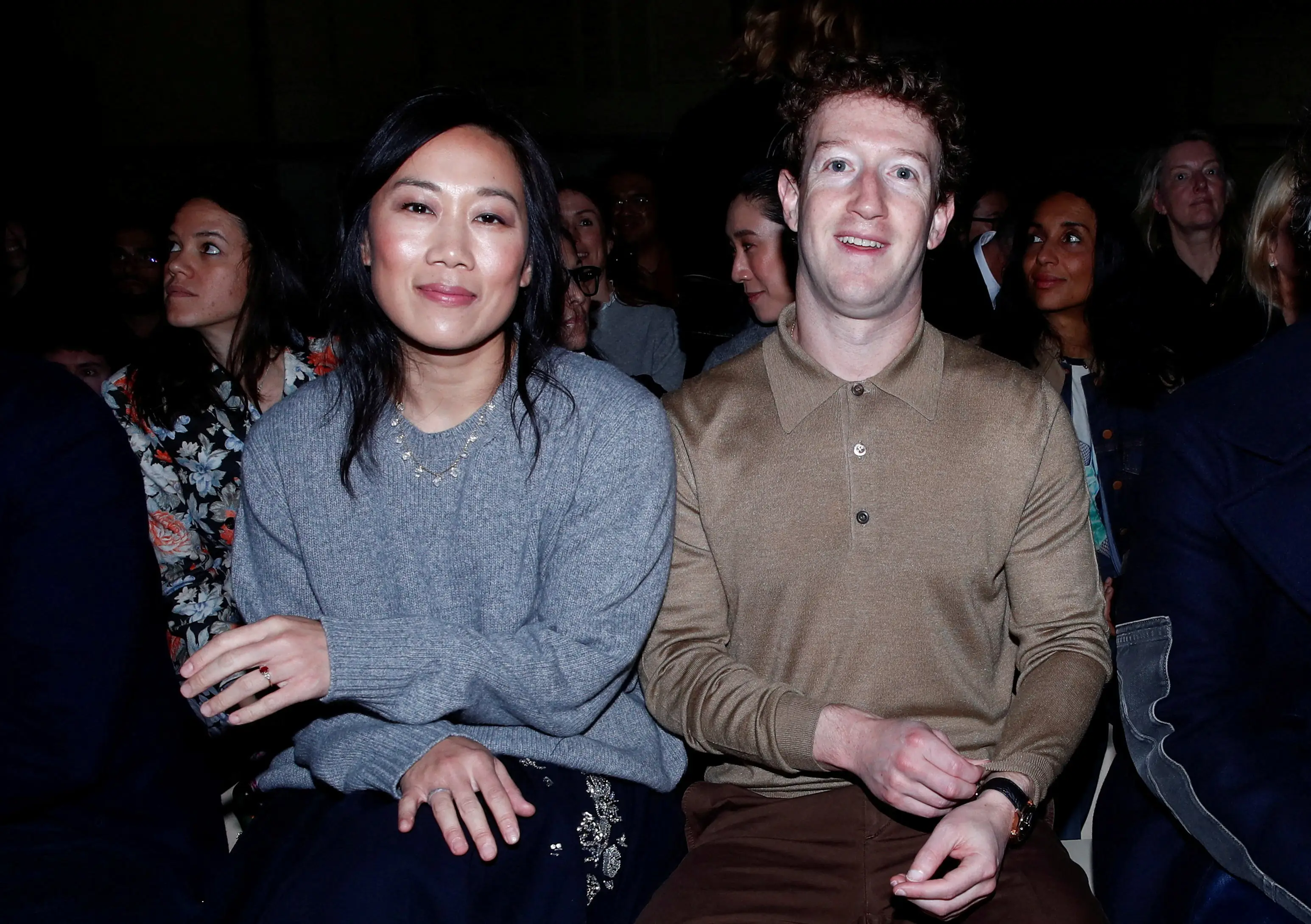 Priscilla Chan and Mark Zuckerberg at a 2026 Prada runway show in Milan.