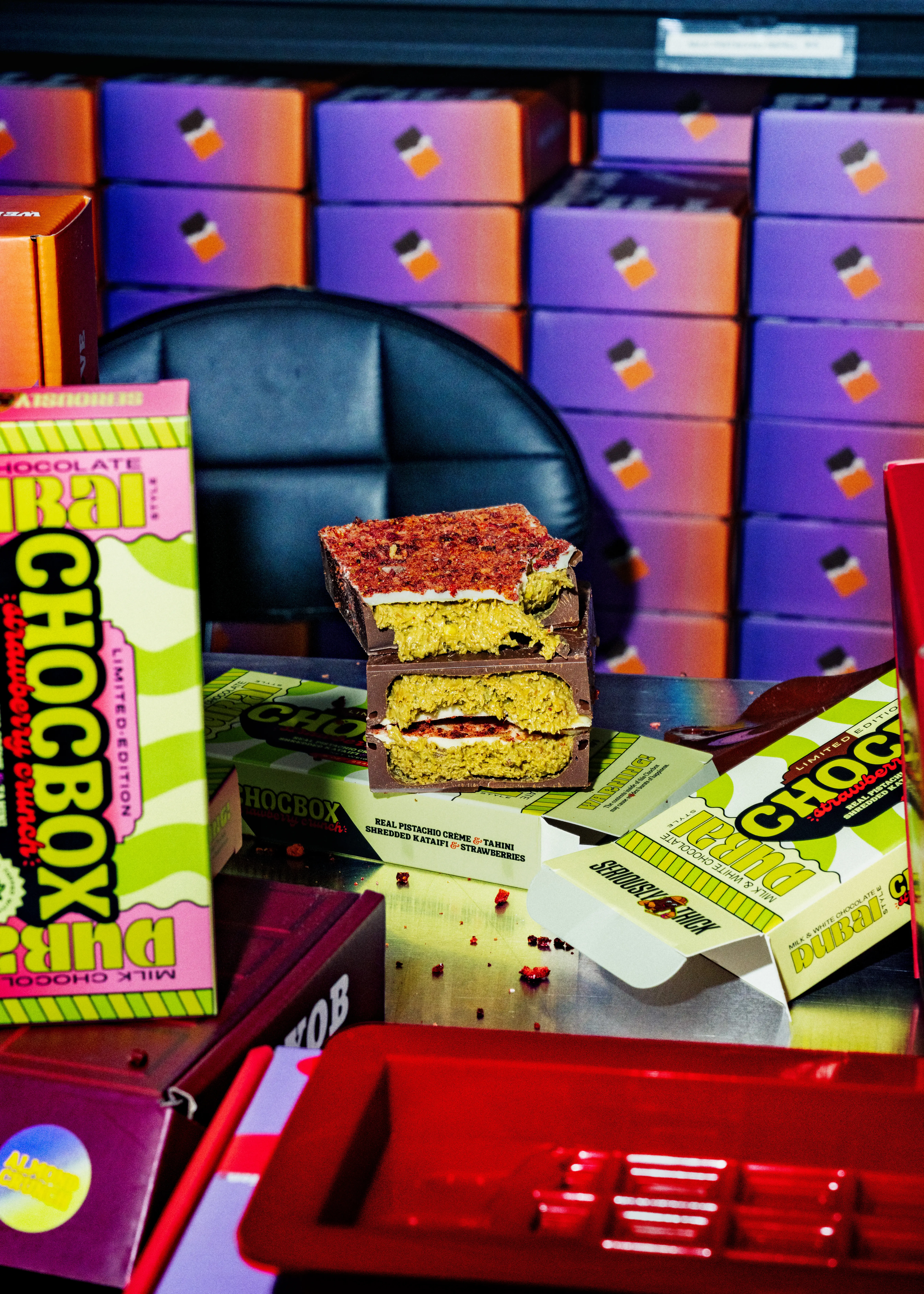 A Strawberry Crunch Chocobox bar with their Dubai filling.