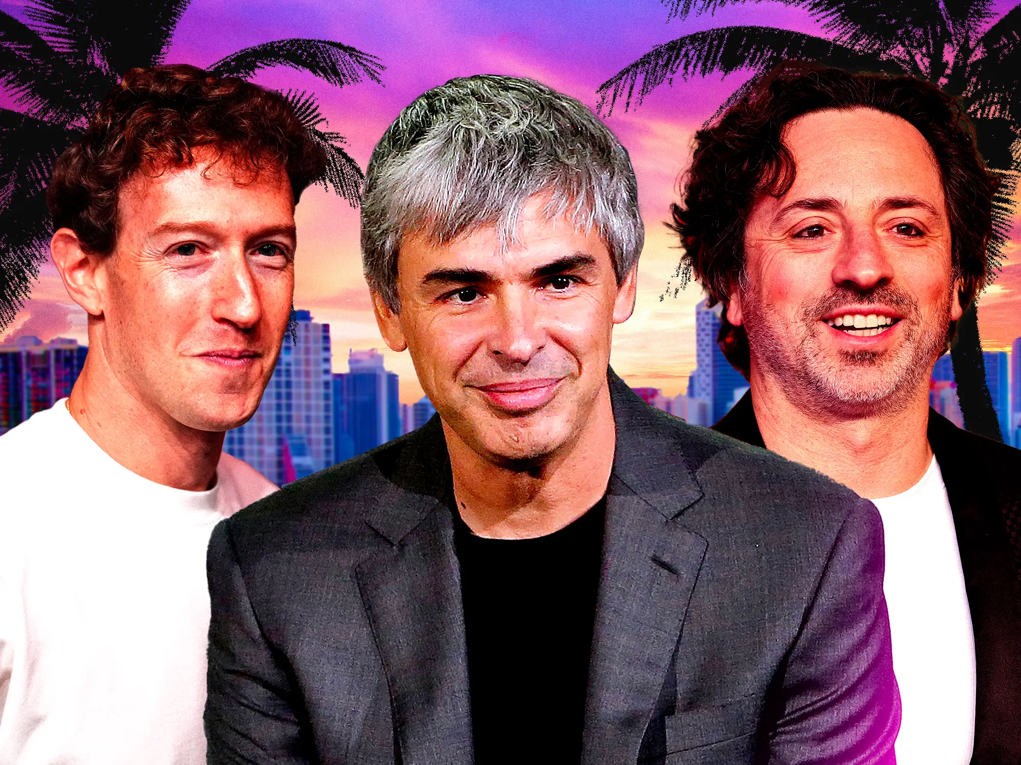 Mark Zuckerberg, Larry page, Sergey brin with a Miami backdrop
