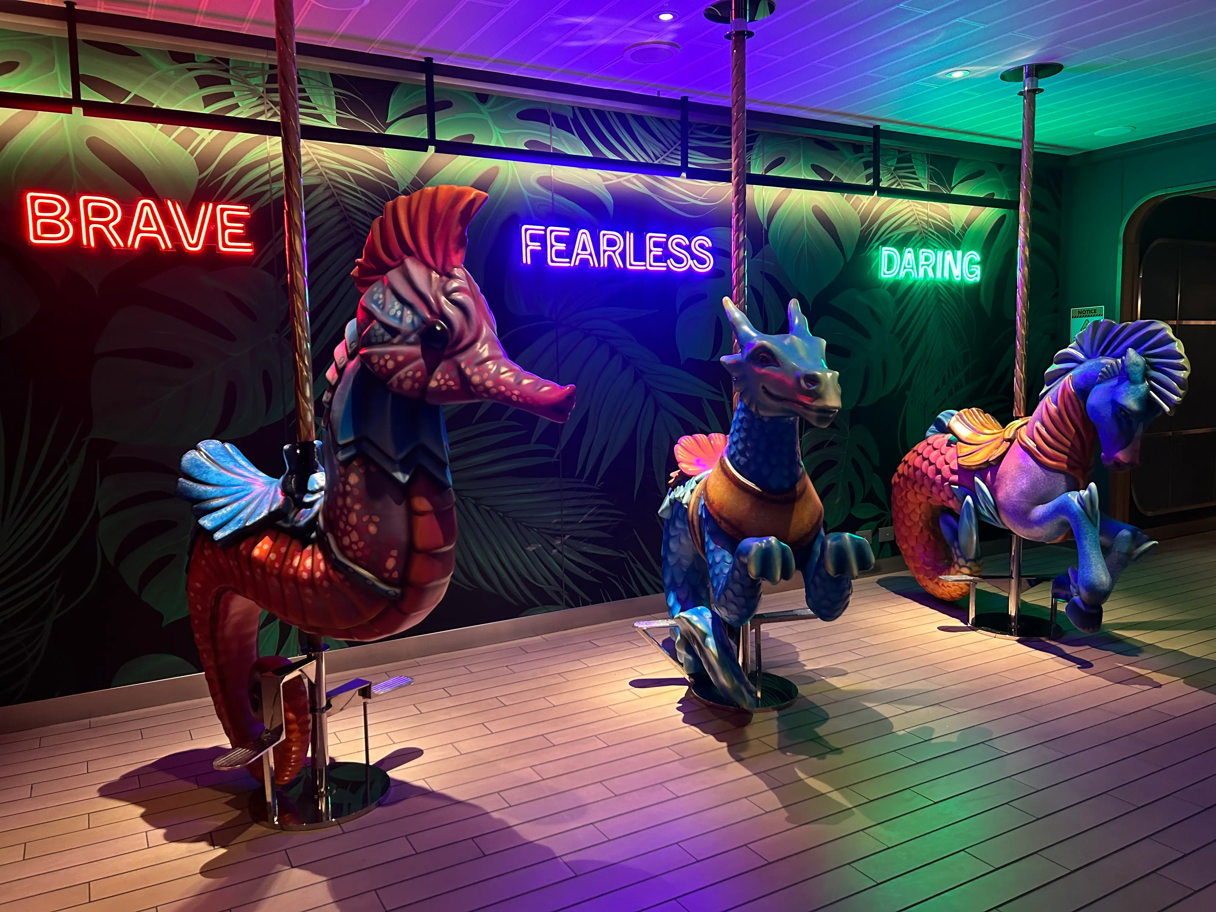 Carousel-like rides with colorful lighting