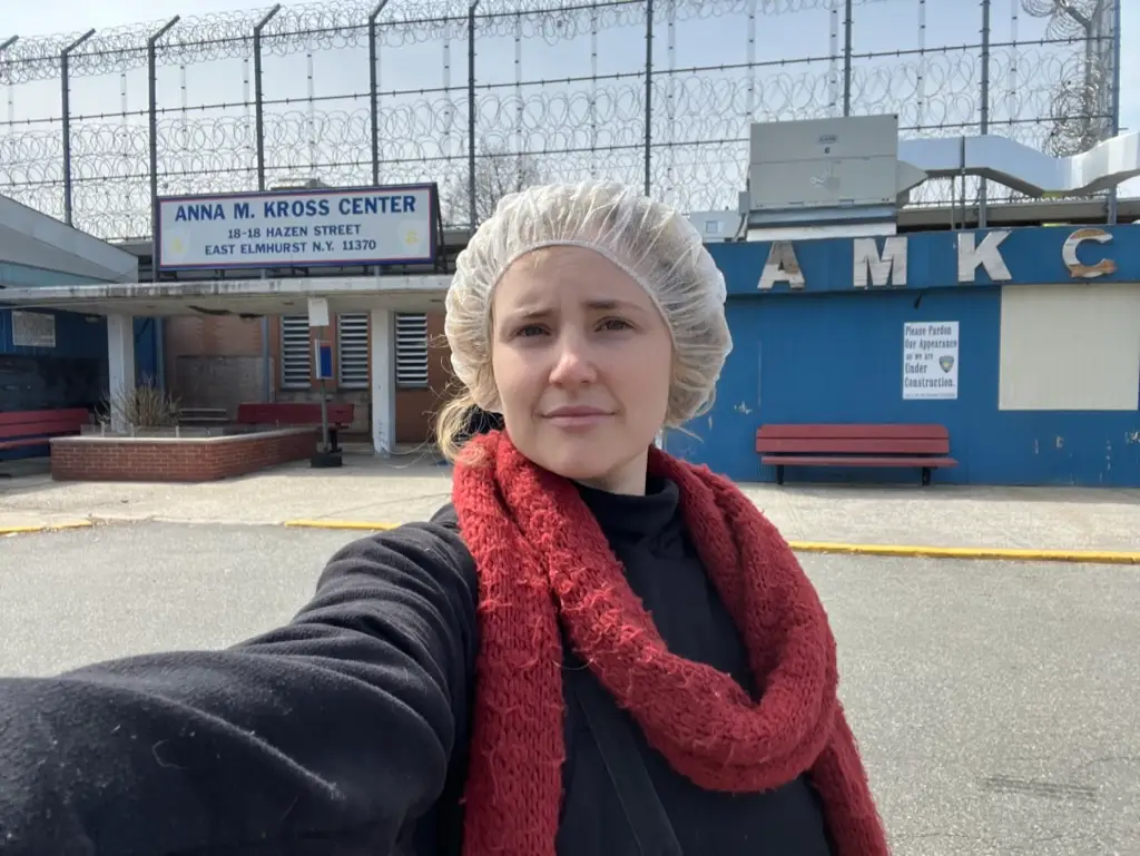 Abby Narishkin in front of rikers