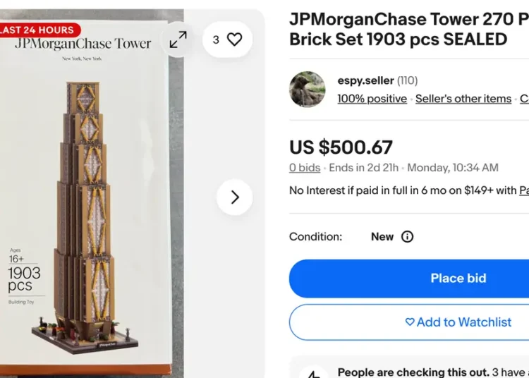 A LEGO-style replica of JPMorgan’s new 270 Park skyscraper has an internal waitlist and is listed for $500 on eBay