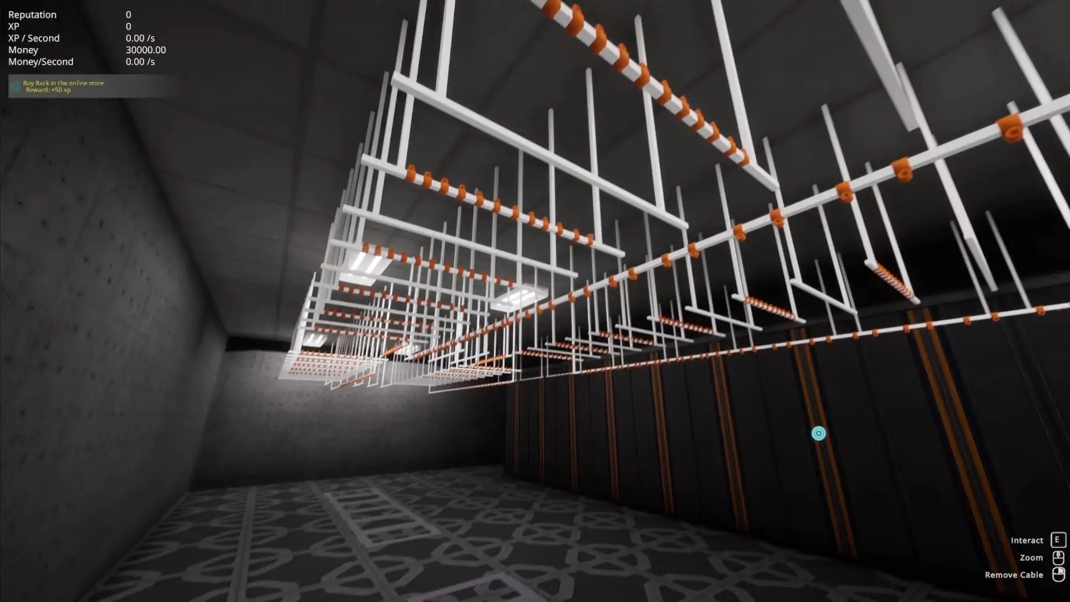 The inside of an empty server room in the game Data Center. It has a series of white brackets hung from the ceiling and some orange wiring mounts.