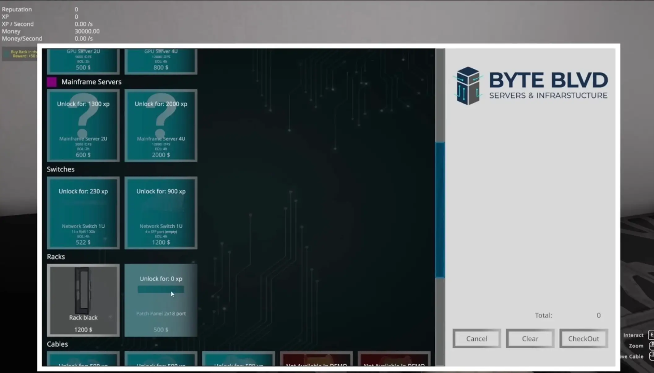 The computer screen inside the computer game 'Data Centers.' It shows a list of products gamers can buy to make their data center run, like racks, cables, and mainframe servers.