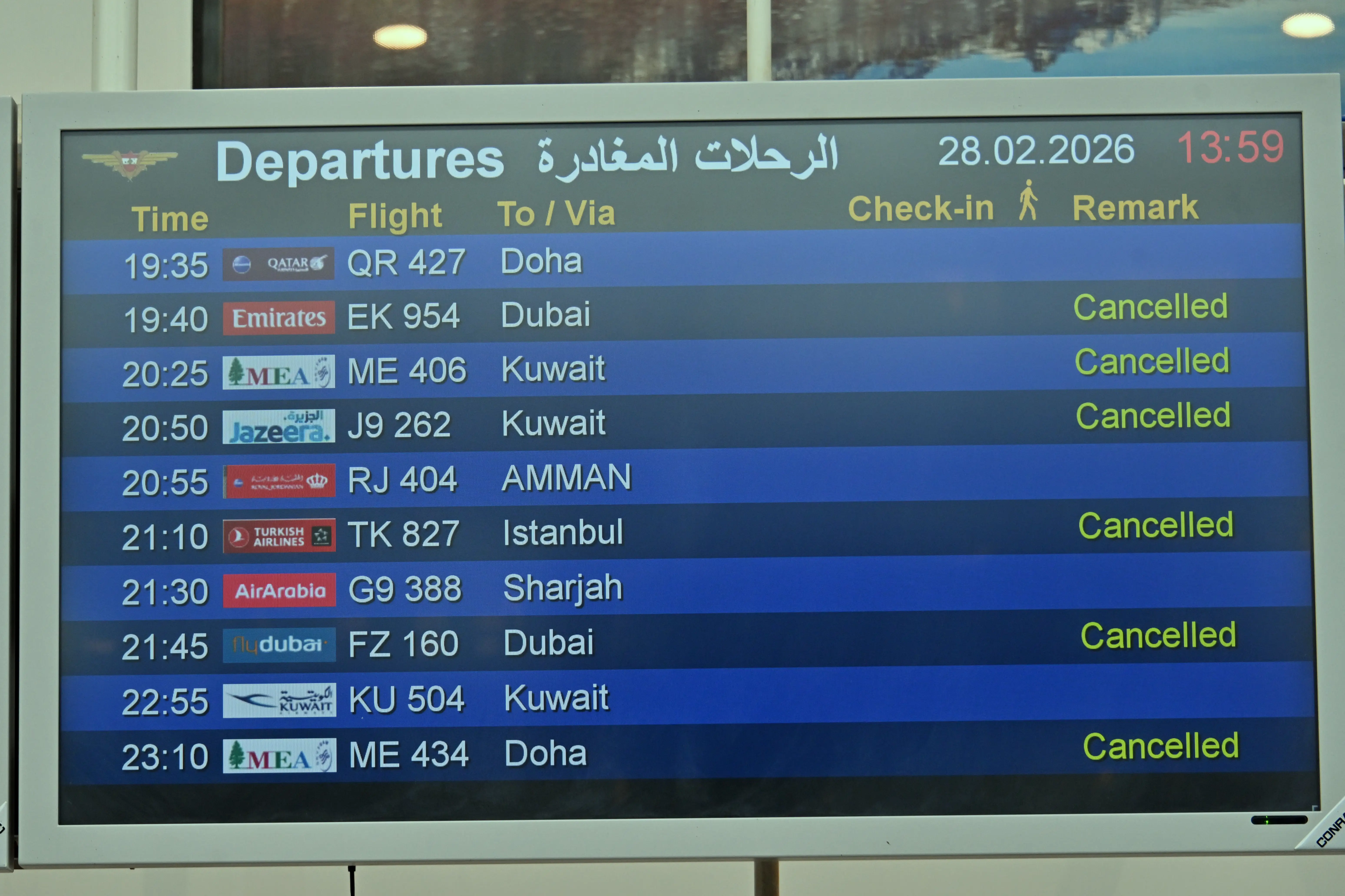 A list of canceled flights at Rafik Hariri International Airport in Beirut, Lebanon on February 28, 2026.