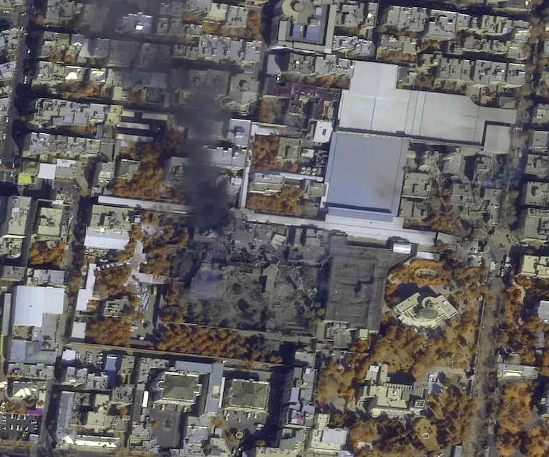 Ruined buildings can be seen in this wider shot of Khamenei's compound in Tehran.