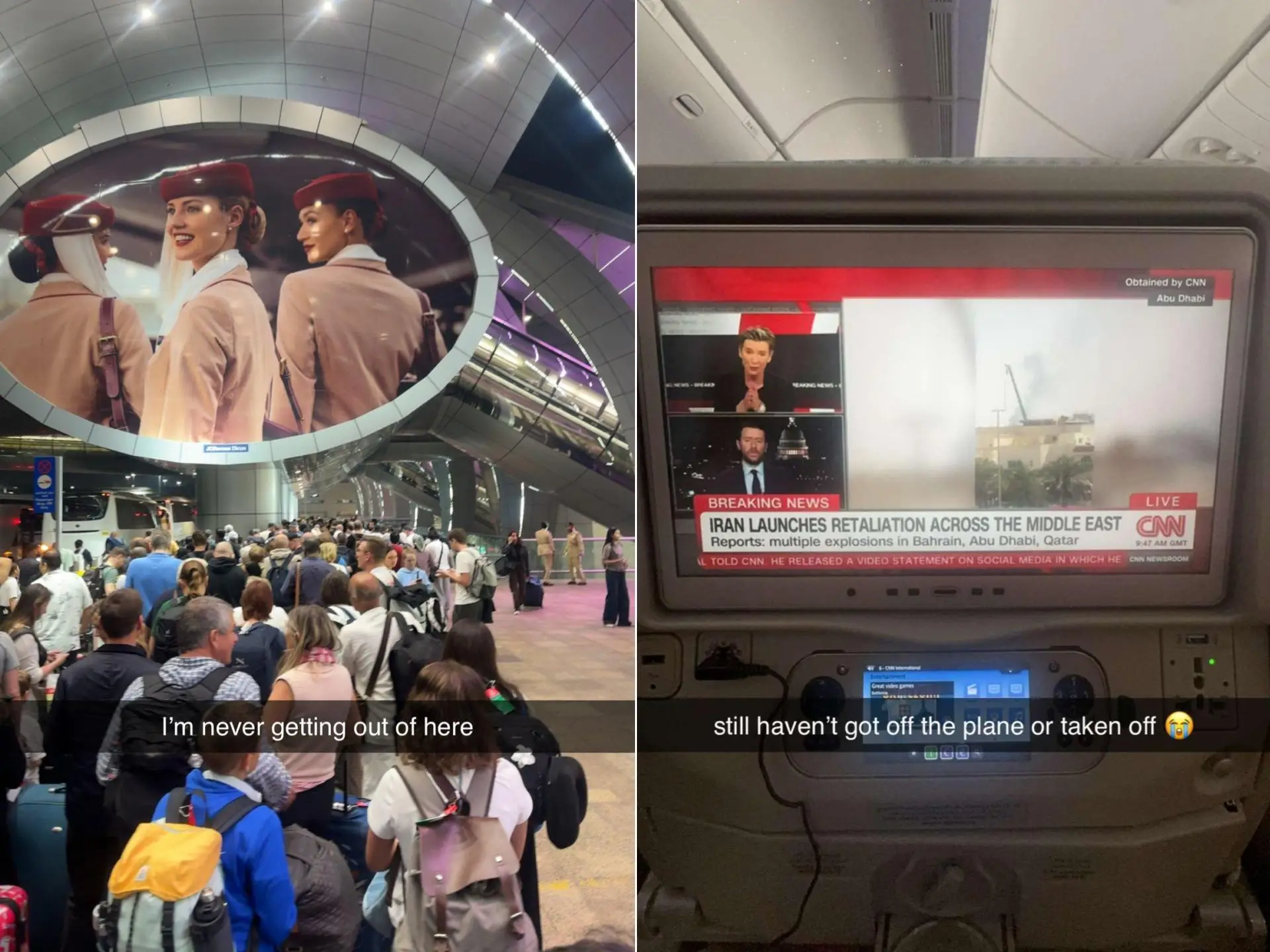 The lines at Dubai airport stitched with a photo of the plane screen showing the iran attack news.