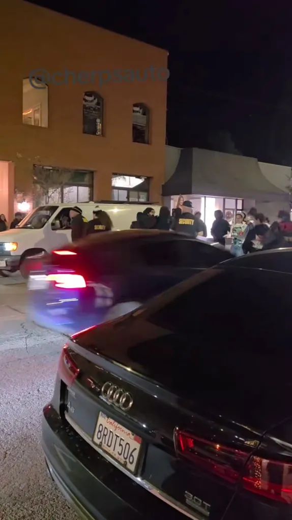 Video captured the chaotic moment a car barreled into a crowd gathered outside a bar over the weekend in San Bernardino County, California.
