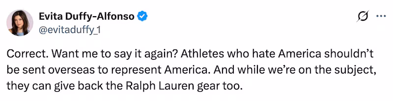 A post on X by Evita Duffy-Alfonso defending her remarks on Newsmax, calling for a screening of U.S. Olympic athletes.