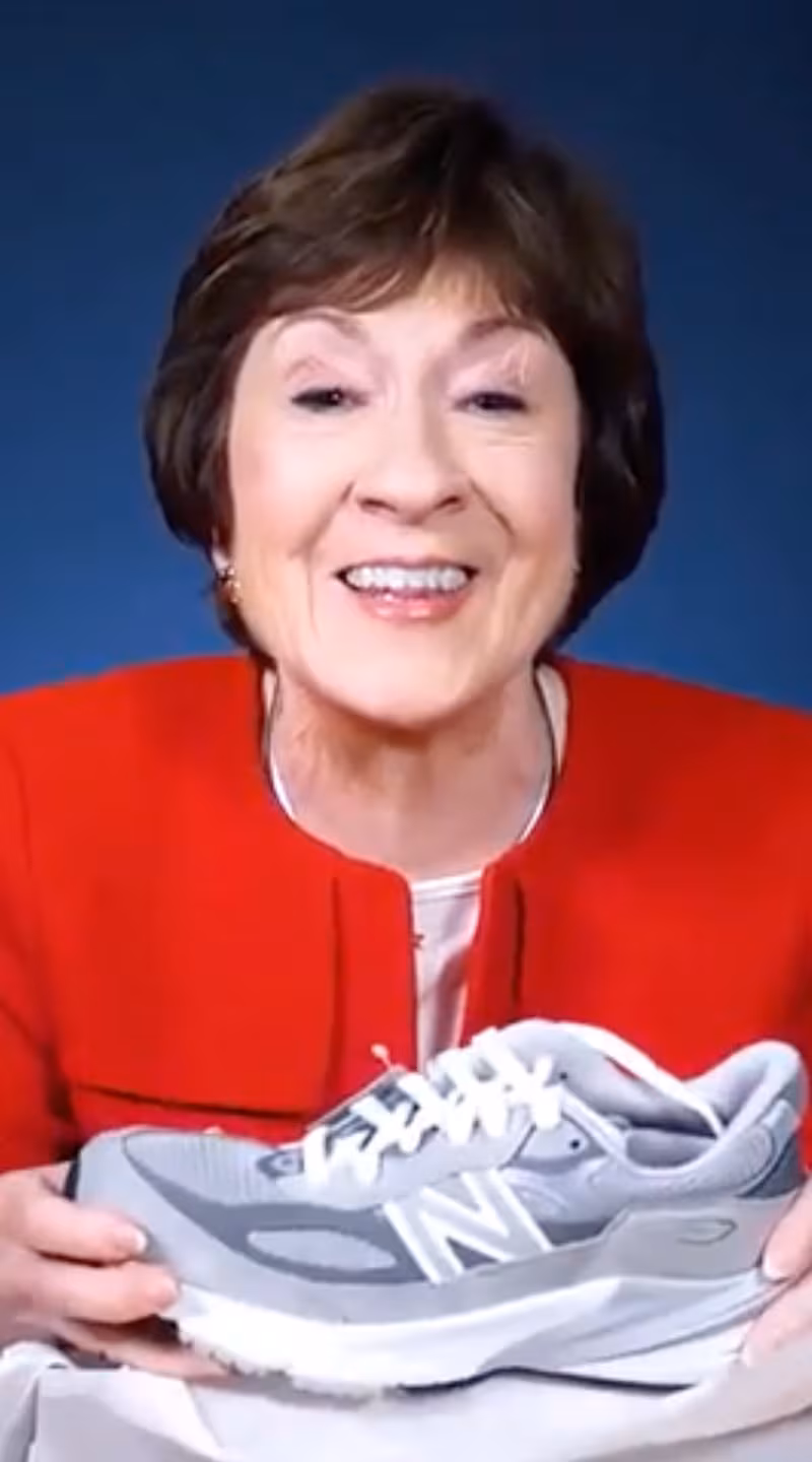 Republican Sen. Susan Collins announces a re-election bid while holding a New Balance sneaker.