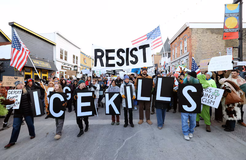 Demonstrators protest the United States Immigration and Customs Enforcement (ICE) on Main Street during the 2026 Sundance Film Festival on January 26, 2026 in Park City, Utah.