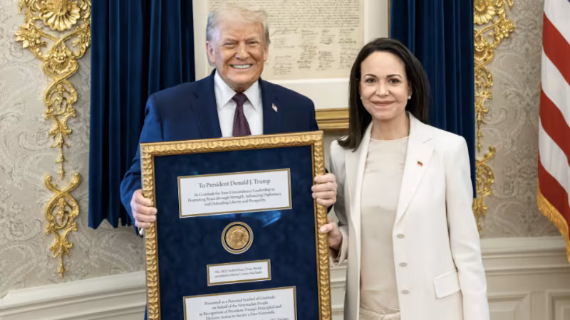 Venezuelan opposition leader Maria Corina Machado presents Donald Trump with her Nobel Peace Prize.