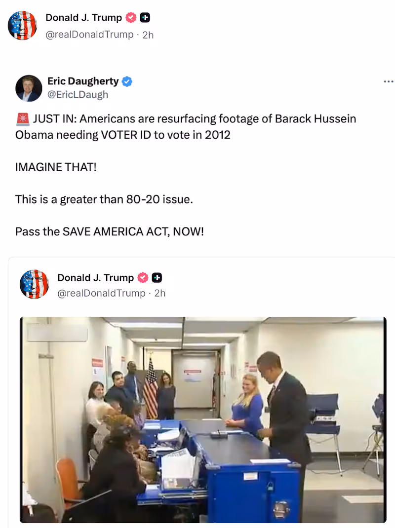 Donald Trump posts about Obama on Truth Social.