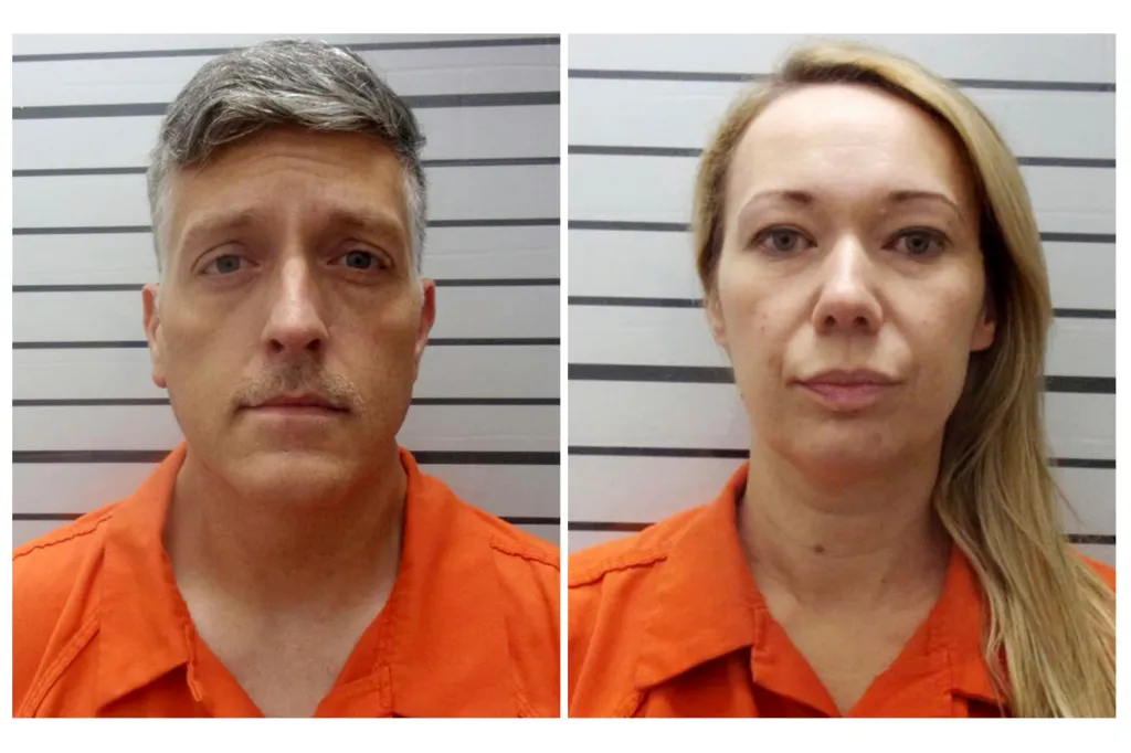 Collage of mugshots of two individuals in orange jumpsuits, a man on the left and a woman on the right.
