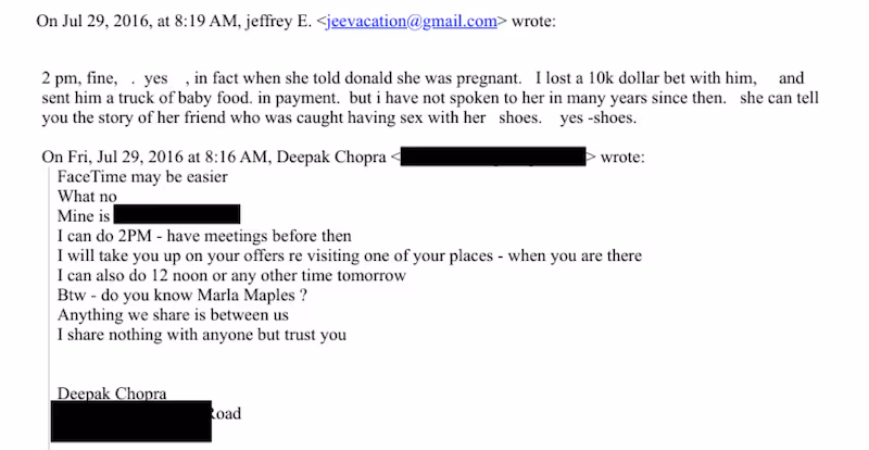 Screenshot of a reply email from Jeffrey Epstein to Deepak Chopra in which Epstein references Marla Maples and recounts a shoe-related sexual anecdote.