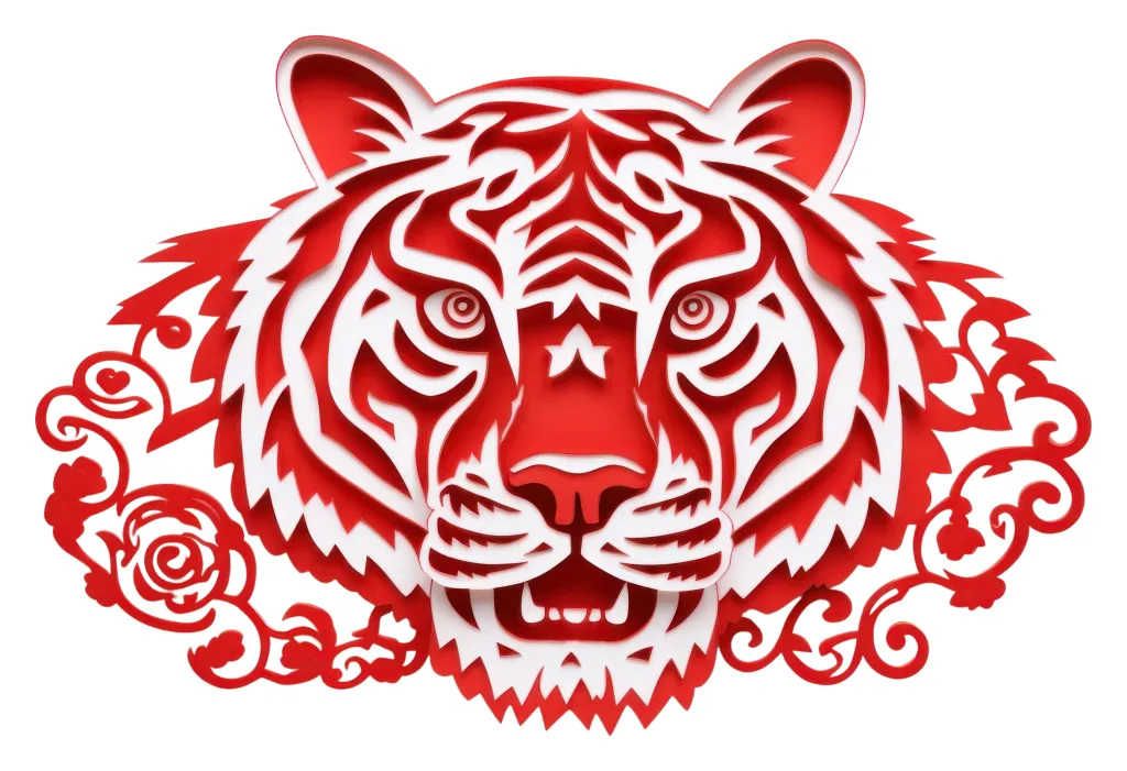 Illustration of a red paper tiger head with white details and decorative swirls on a white background.