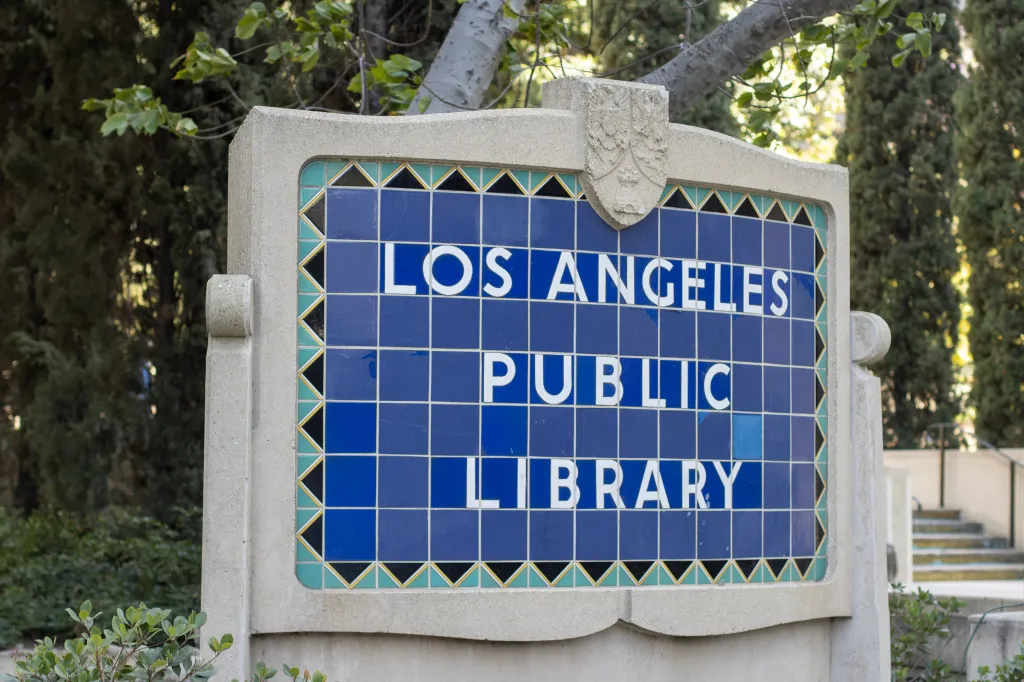 Sign for the Los Angeles Public Library in downtown Los Angeles.