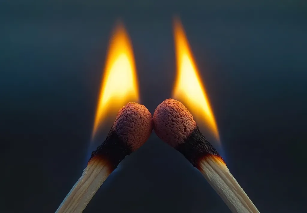 Two lit matches facing each other, their flames touching.