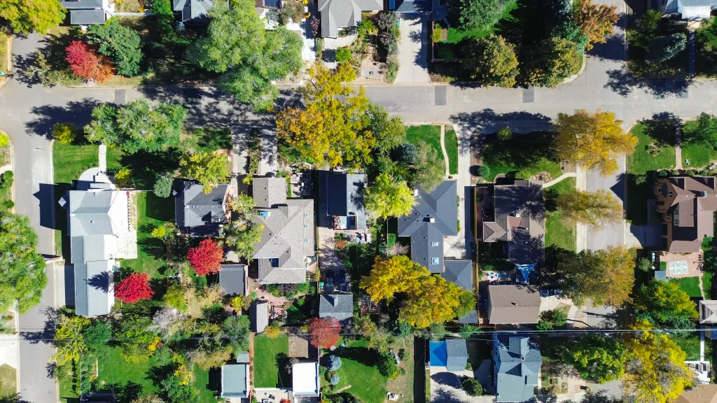 Drone view of a Denver neighborhood with homes tucked beneath dense fall foliage.