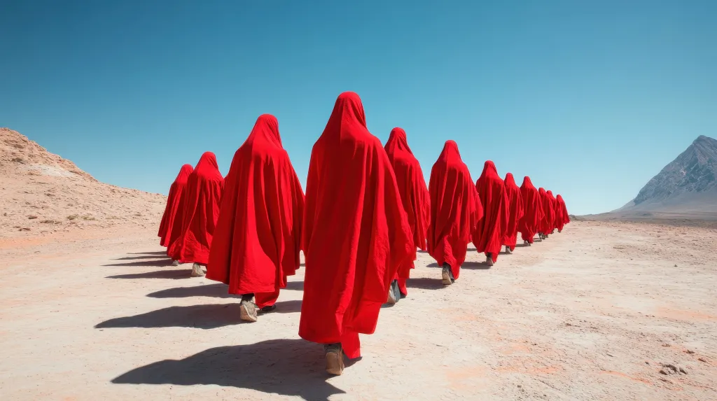 A striking scene of figures clad in red cloaks walking in unison across a vast landscape, evoking themes of unity, mystery, and a sense of shared purpose in viewer minds.
