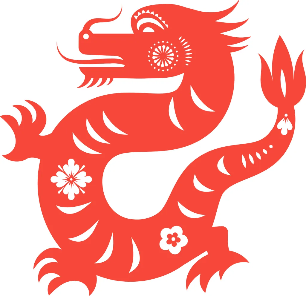Illustration of a red dragon with white details and flowers, representing the Chinese zodiac symbol.