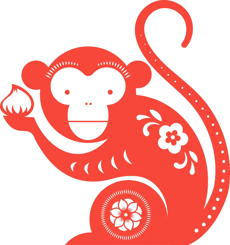 Illustration of a red monkey, a Chinese zodiac symbol, holding a flaming peach.
