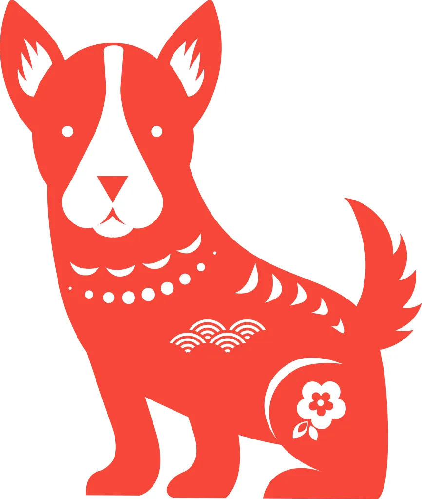 Illustration of a red dog, the Chinese zodiac symbol, with white patterns including waves and a flower.