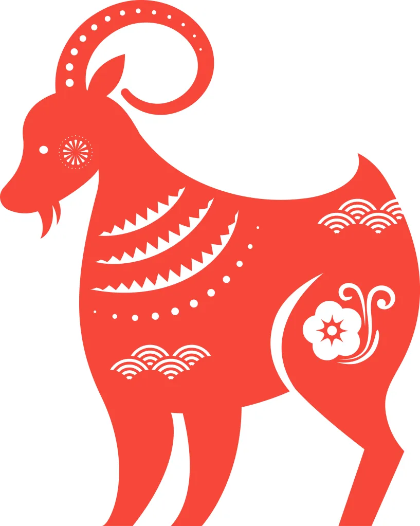Illustration of a red goat, a Chinese zodiac symbol, adorned with traditional patterns.