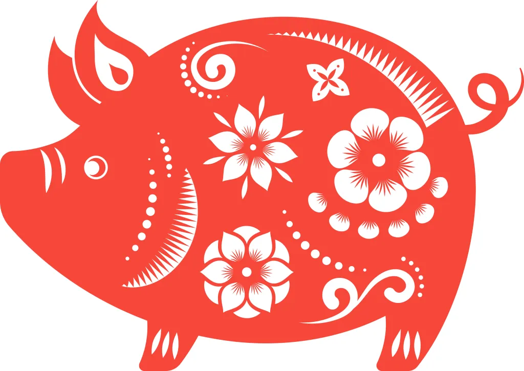 Illustration of a red pig decorated with white floral and swirl patterns, representing the Chinese zodiac symbol for the year of the Pig.