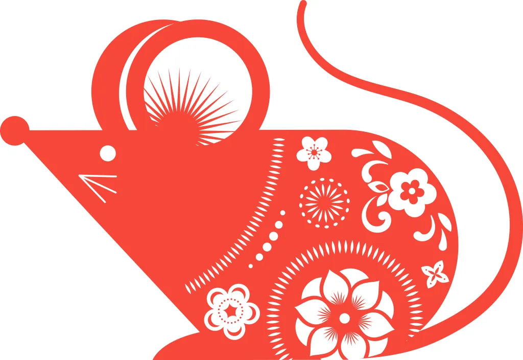 Illustration of a red mouse or rat with white floral and circular patterns, symbolizing the Chinese zodiac.