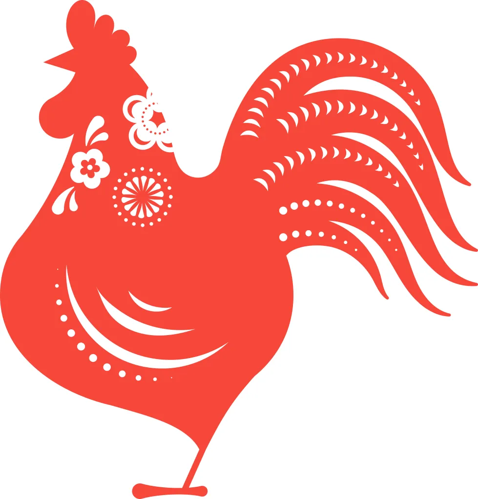 Illustration of a red rooster with white floral and patterned designs, representing the Chinese zodiac symbol.