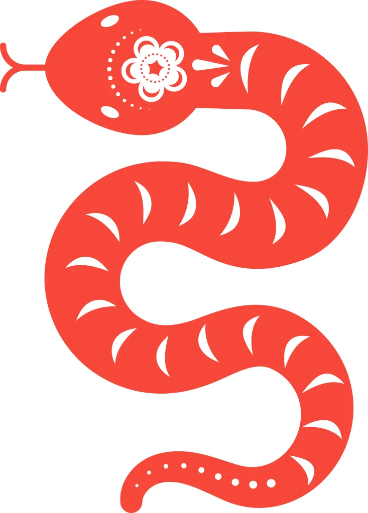 Illustration of a red snake, a Chinese zodiac symbol, with white decorative patterns on its head and body.