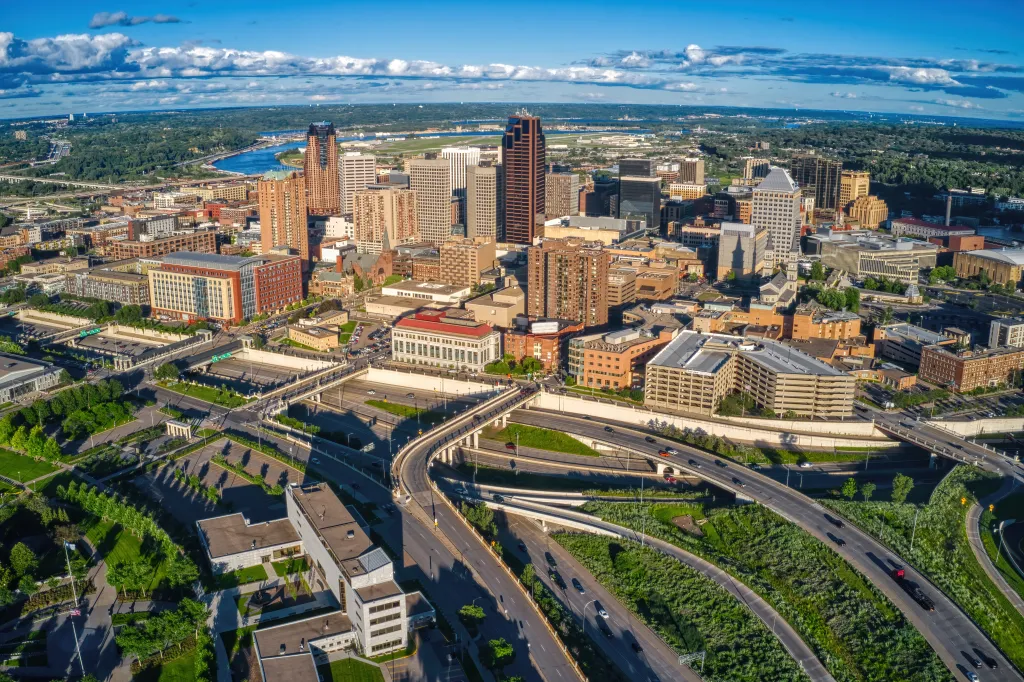 Aerial view of the St. Paul, Minnesota skyline during summer.