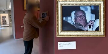 Infamous photo of ex-Prince Andrew after his arrest hung in the Louvre by activists, stuns visitors