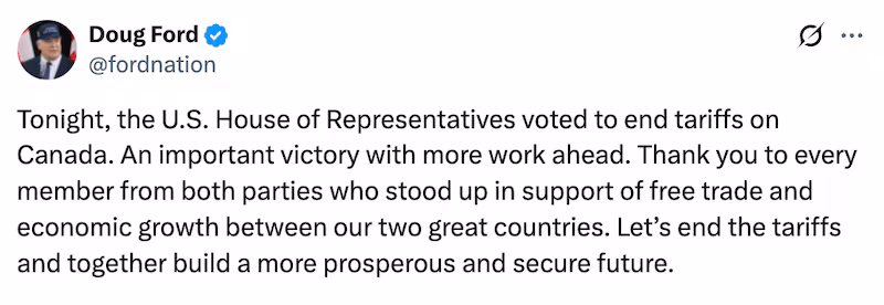 Doug Ford X post about House tariffs vote