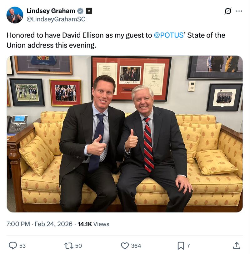 Paramount Skydance CEO David Ellison was Graham's guest at Trump's State of the Union. Paramount is currently trying to outbid Netflix to acquire Warner Bros. Discovery.