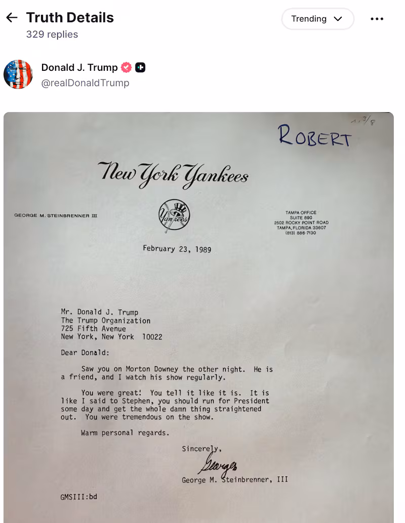 The president posted his shoutout from George M. Steinbrenner, a convicted felon.