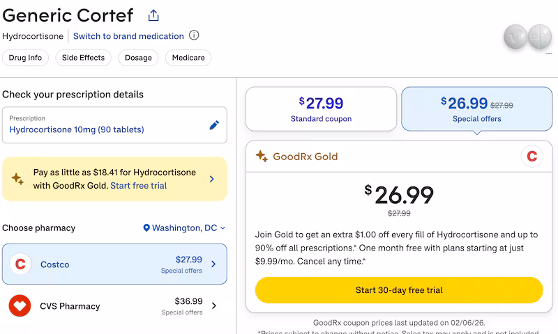 The generic version of Cortef is listed for much less.