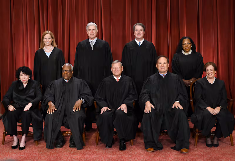 The Supreme Court of the United States:  Sonia Sotomayor, Clarence Thomas, Chief Justice John Roberts, Samuel Alito, Elena Kagan, Amy Coney Barrett, Neil Gorsuch, Brett Kavanaugh, and Ketanji Brown Jackson.