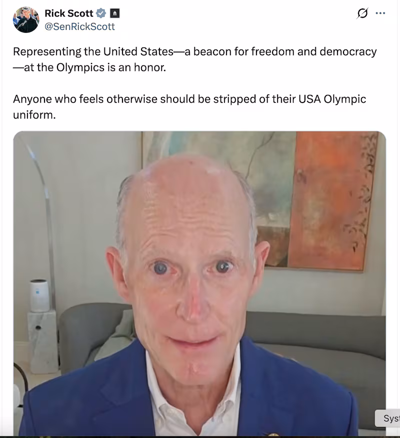 Sen. Rick Scott rants that U.S. athletes who don't want to represent their country at the Olympics should be stripped of their uniforms.