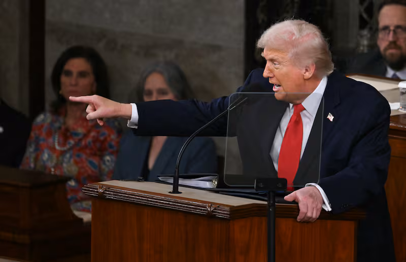 President Donald Trump points as he delivers the State of the Union address in the House Chamber of the U.S. Capitol in Washington, DC, on February 24, 2026.